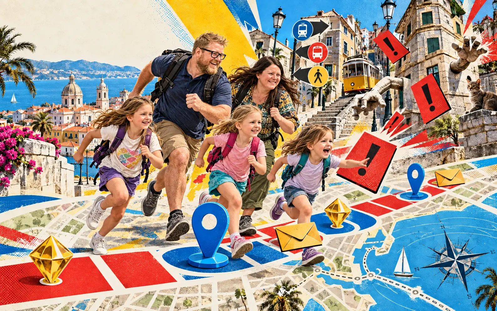 A mom, dad and their three daughters racing through a city laid out like a colorful game board